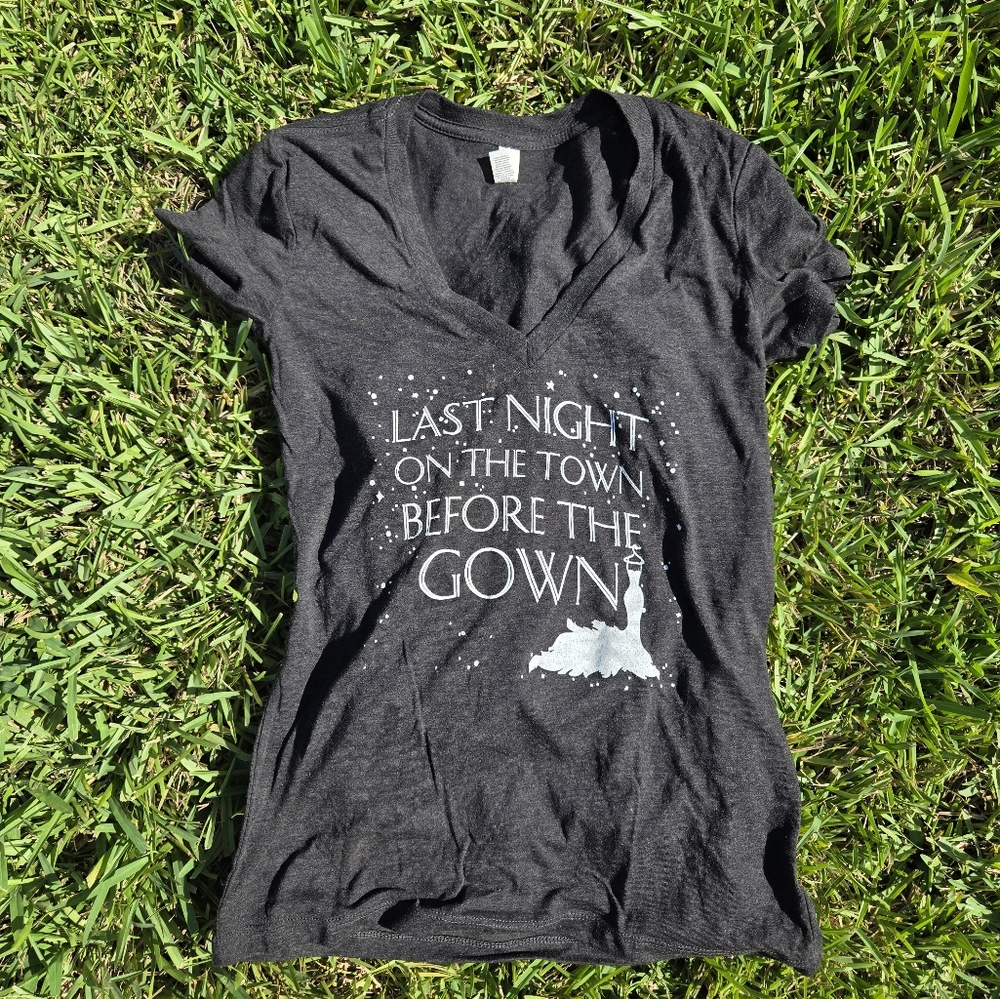Last Night Out Before the Gown V-Neck Tee – Bride Bachelorette Party Shirt